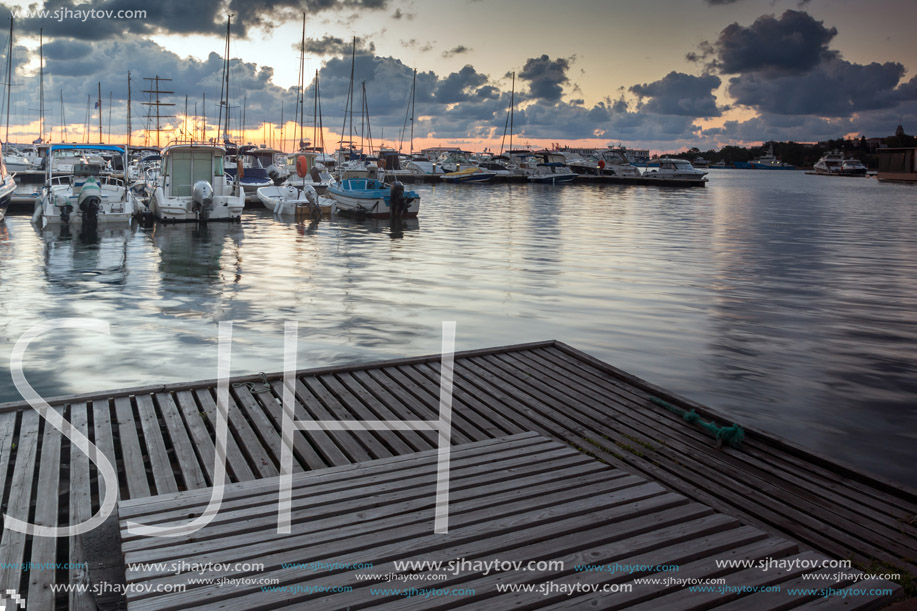 SOZOPOL, BULGARIA - JULY 12, 2016: Amazing Sunset at the port of Sozopol, Burgas Region, Bulgaria