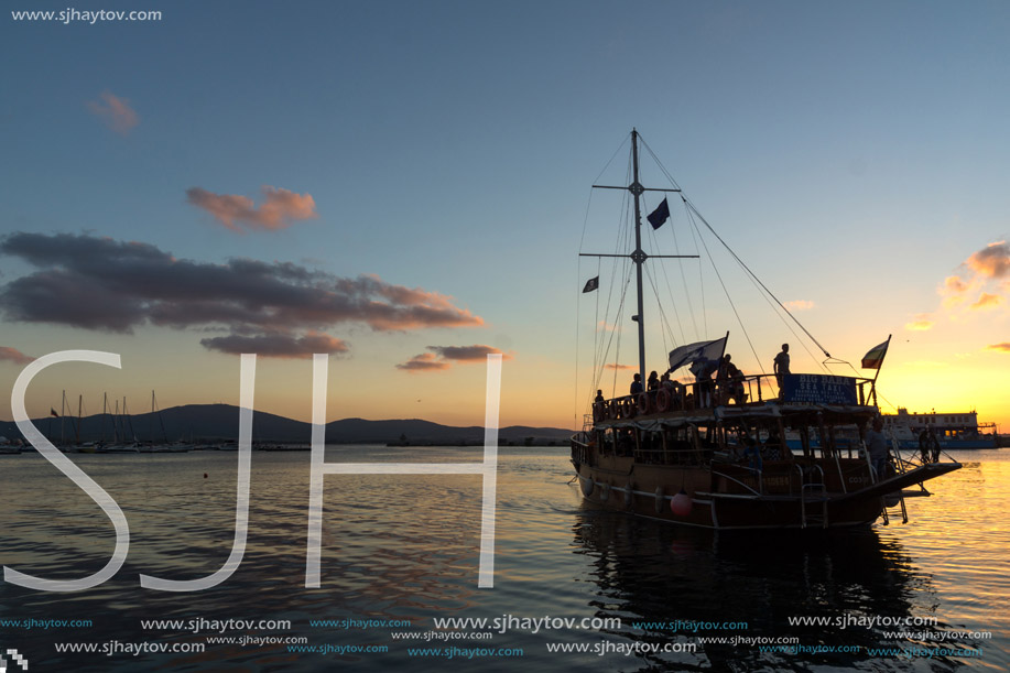 SOZOPOL, BULGARIA - JULY 13, 2016: Amazing Sunset at the port of Sozopol, Burgas Region, Bulgaria