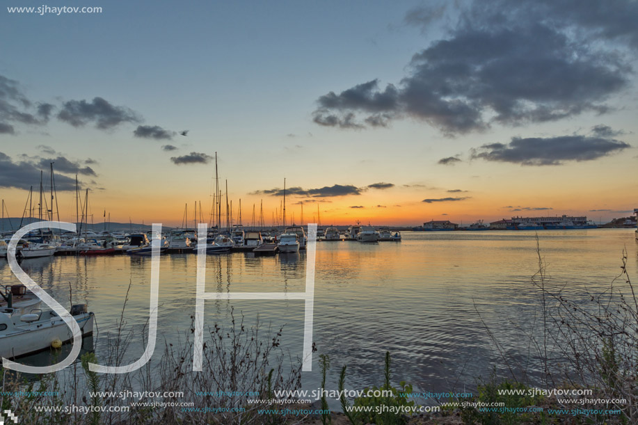 SOZOPOL, BULGARIA - JULY 13, 2016: Amazing Sunset at the port of Sozopol, Burgas Region, Bulgaria