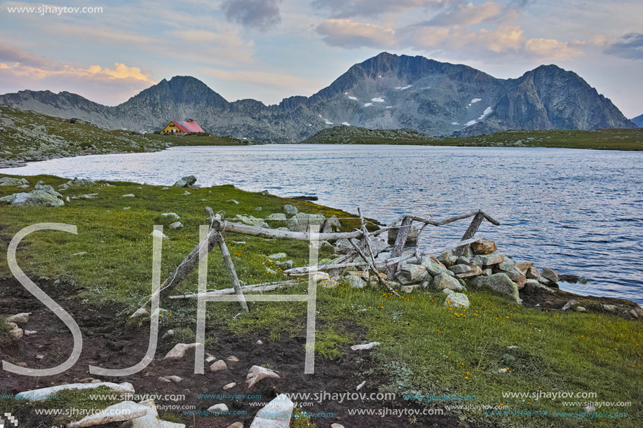 Amazing Sunset over Tevno Lake and Kamenitsa peak, Pirin mountain, Bulgaria