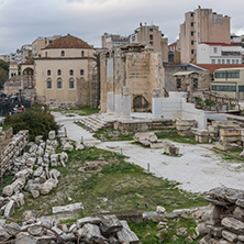Sunset view of Hadrian"s Library in Athens, Attica, Greece
