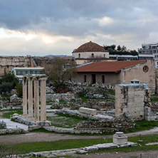 Sunset view of Hadrian"s Library in Athens, Attica, Greece