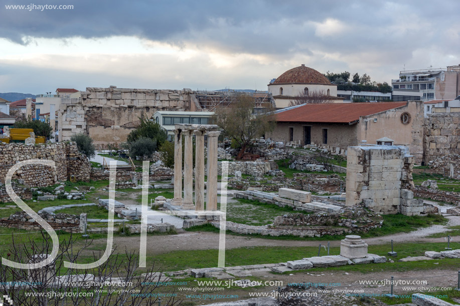 Sunset view of Hadrian"s Library in Athens, Attica, Greece