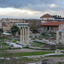 Sunset view of Hadrian"s Library in Athens, Attica, Greece