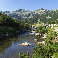 Panoramic view of Banderishki Chukar Peak and mountain river, Pirin Mountain, Bulgaria