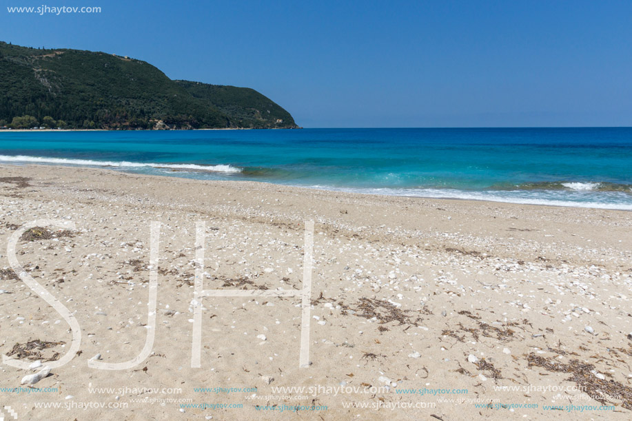 Panoramic view of Agios Ioanis beach with blue waters, Lefkada, Ionian Islands, Greece
