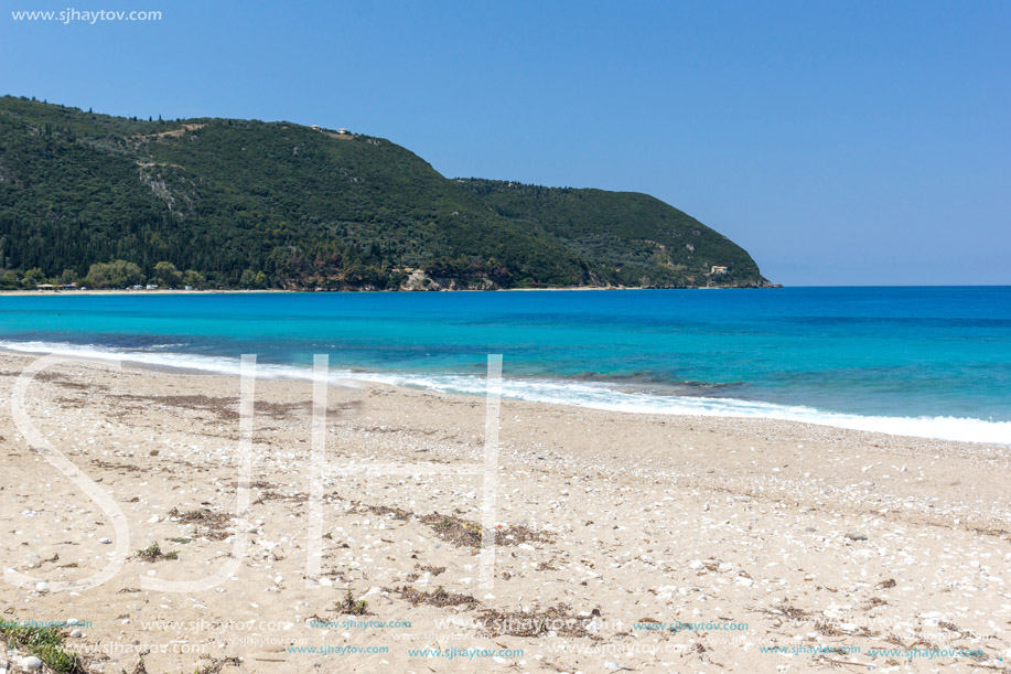 Panoramic view of Agios Ioanis beach with blue waters, Lefkada, Ionian Islands, Greece