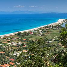 Panoramic view of Agios Ioanis beach with blue waters, Lefkada, Ionian Islands, Greece