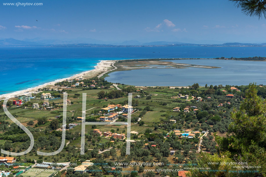 Panoramic view of Agios Ioanis beach with blue waters, Lefkada, Ionian Islands, Greece