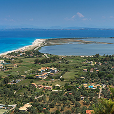 Panoramic view of Agios Ioanis beach with blue waters, Lefkada, Ionian Islands, Greece
