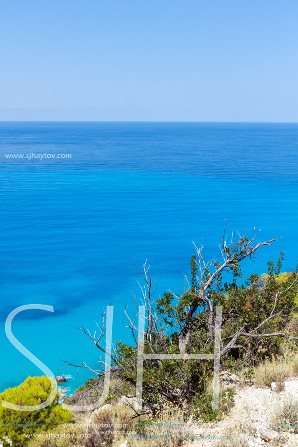 Panoramic view of Kokkinos Vrachos Beach with blue waters, Lefkada, Ionian Islands, Greece