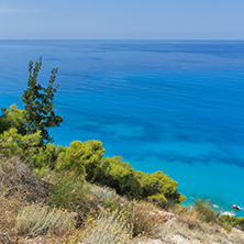 Panoramic view of Kokkinos Vrachos Beach with blue waters, Lefkada, Ionian Islands, Greece