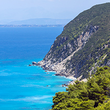 Panoramic view of Kokkinos Vrachos Beach with blue waters, Lefkada, Ionian Islands, Greece