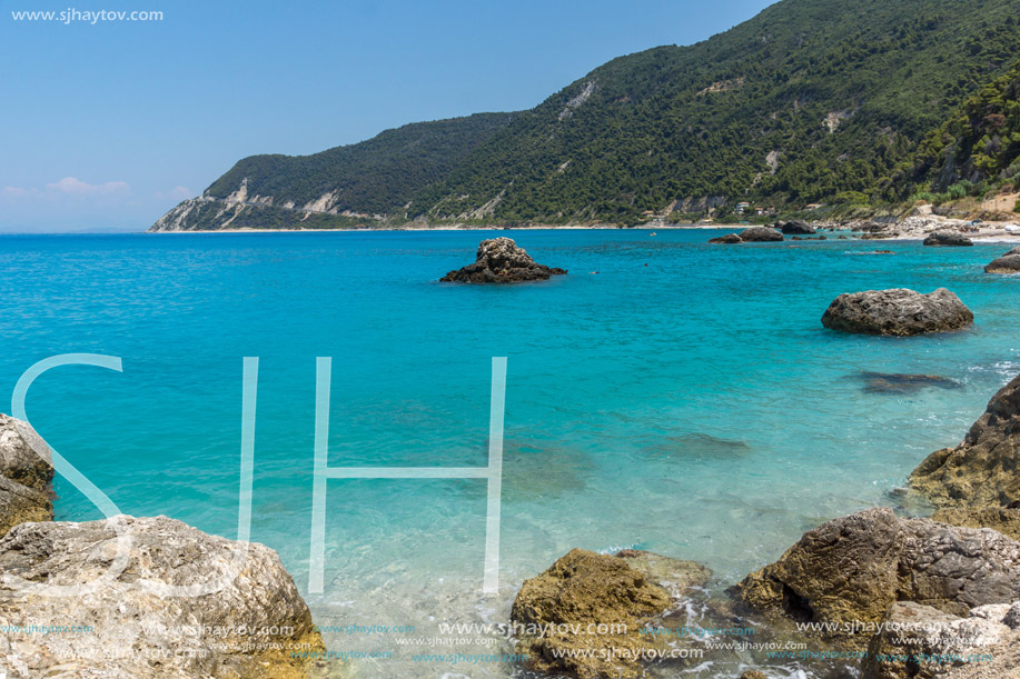 Panoramic view of Agios Nikitas Beach with blue waters, Lefkada, Ionian Islands, Greece