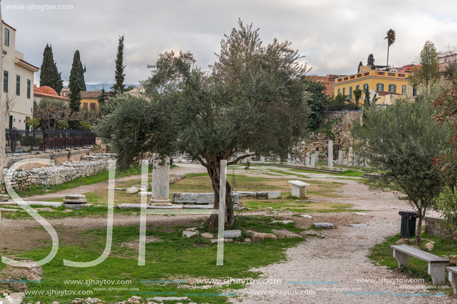 Sunset view of Roman Agora in Athens, Attica, Greece