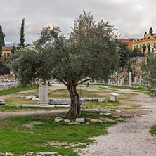 Sunset view of Roman Agora in Athens, Attica, Greece