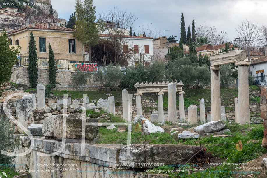 Sunset view of Roman Agora in Athens, Attica, Greece