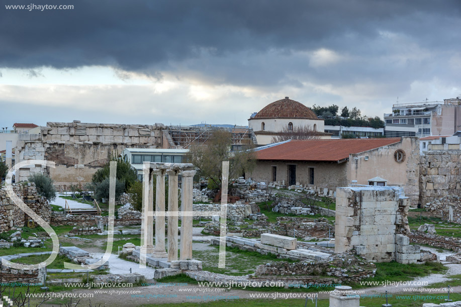 Sunset view of Hadrian"s Library in Athens, Attica, Greece