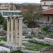 Sunset view of Hadrian"s Library in Athens, Attica, Greece