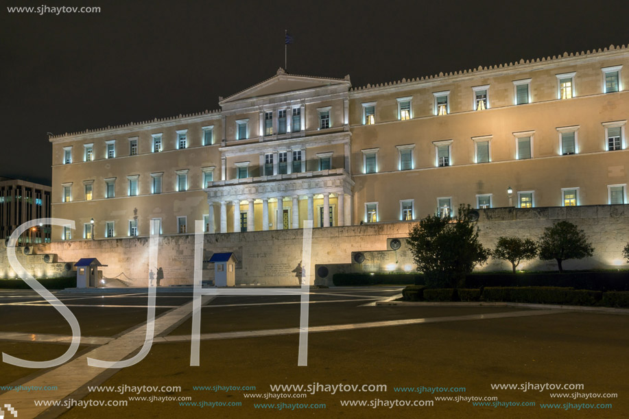 Night photo of The Greek parliament in Athens, Attica, Greece