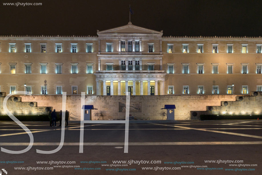 Night photo of The Greek parliament in Athens, Attica, Greece
