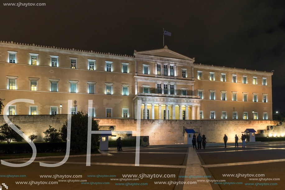 Night photo of Syntagma Square in Athens, Attica, Greece