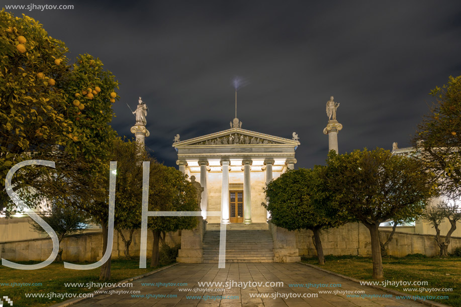 Night Panoramic view of Academy of Athens, Attica, Greece