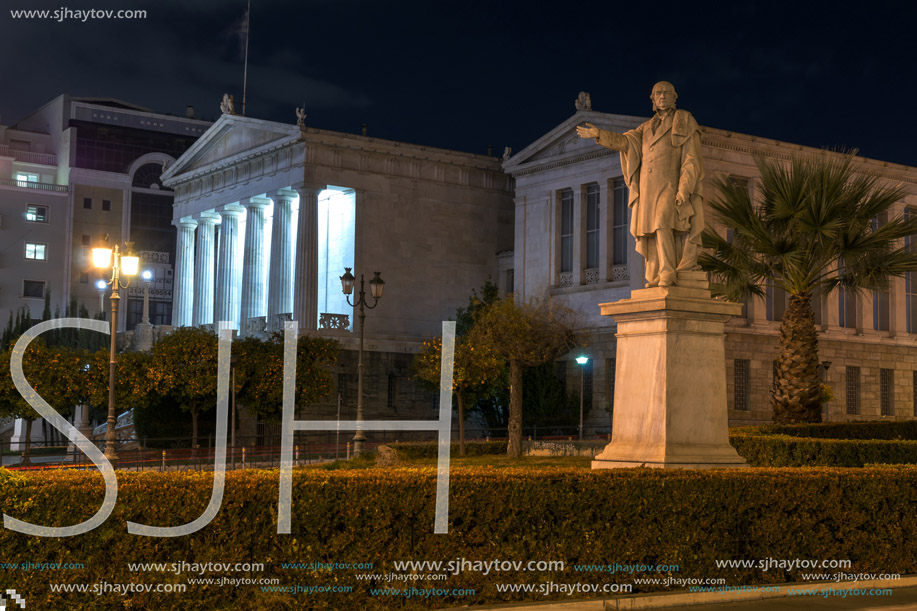 Night Panoramic view of National Library  of Athens, Attica, Greece
