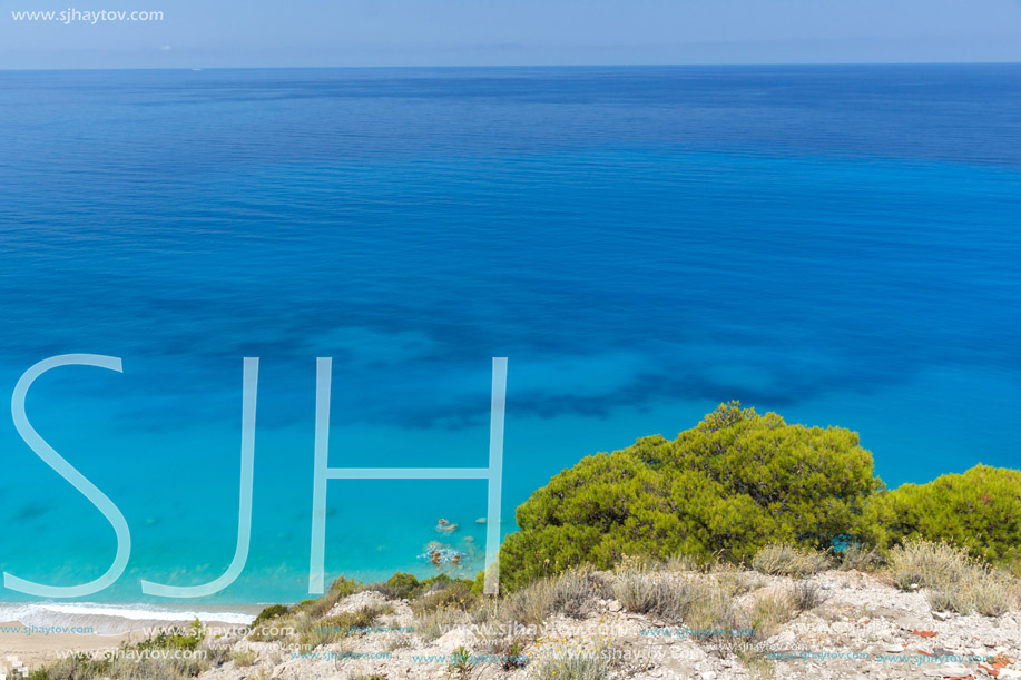 Amazing landscape of Kokkinos Vrachos Beach with blue waters, Lefkada, Ionian Islands, Greece