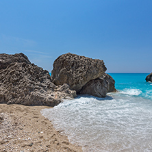 Amazing landscape of blue waters of Megali Petra Beach, Lefkada, Ionian Islands, Greece