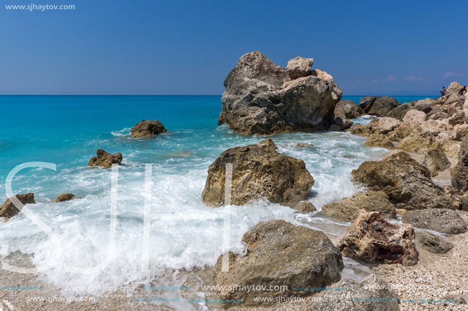 Amazing landscape of blue waters of Megali Petra Beach, Lefkada, Ionian Islands, Greece