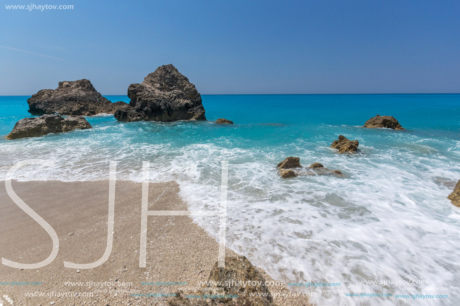 Amazing landscape of blue waters of Megali Petra Beach, Lefkada, Ionian Islands, Greece
