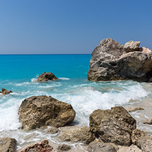 Amazing landscape of blue waters of Megali Petra Beach, Lefkada, Ionian Islands, Greece