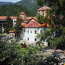 BACHKOVO MONASTERY, BULGARIA - AUGUST 30 2015:  Panoramic view of Medieval Bachkovo Monastery, Bulgaria
