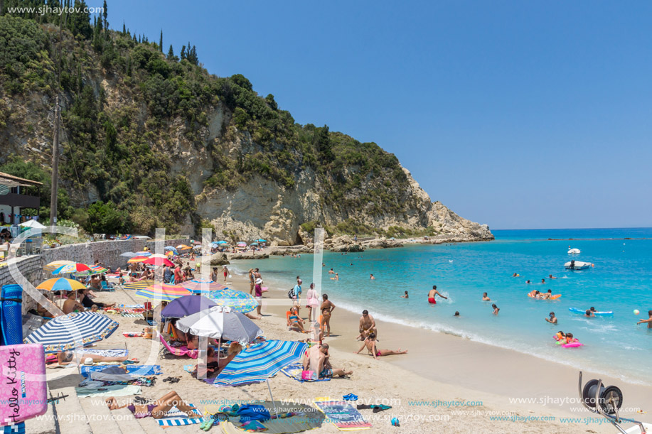 AGIOS NIKITAS, LEFKADA, GREECE JULY 16, 2014: Blue waters of beach of village of Agios Nikitas, Lefkada, Ionian Islands, Greece