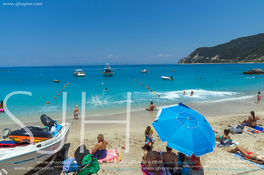 AGIOS NIKITAS, LEFKADA, GREECE JULY 16, 2014: Blue waters of beach of village of Agios Nikitas, Lefkada, Ionian Islands, Greece