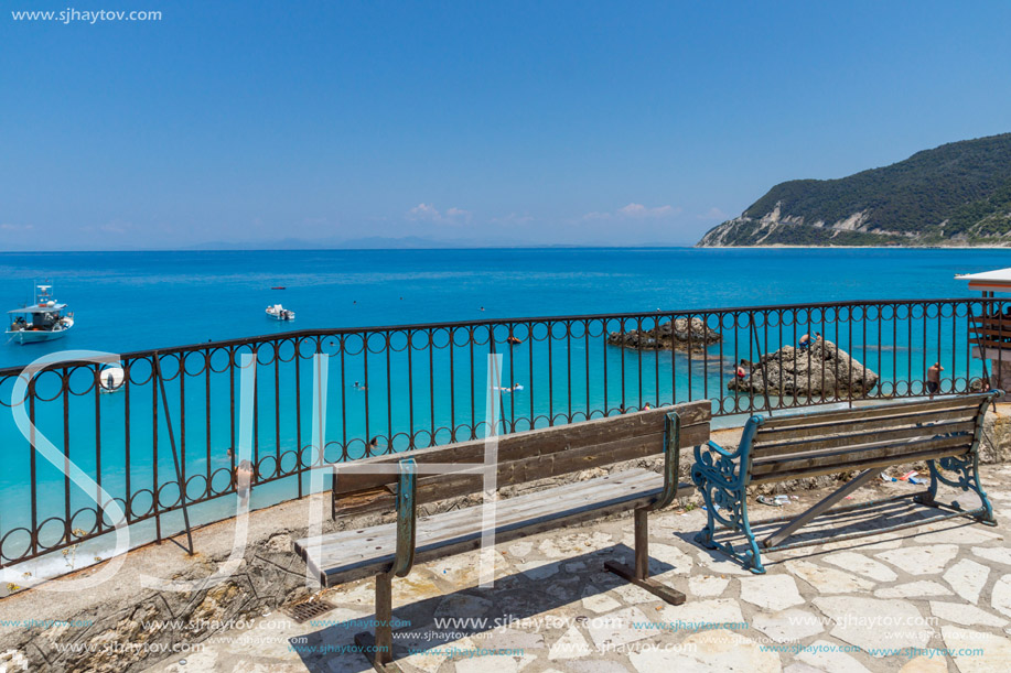 AGIOS NIKITAS, LEFKADA, GREECE JULY 16, 2014: Blue waters of beach of village of Agios Nikitas, Lefkada, Ionian Islands, Greece