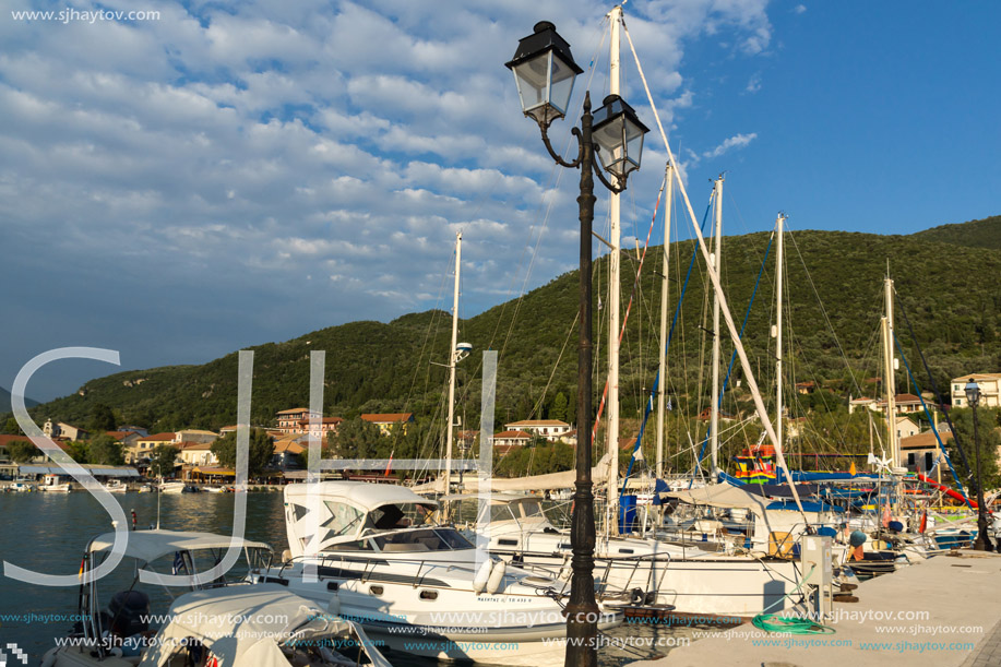 VASILIKI, LEFKADA, GREECE JULY 16, 2014: View at sunset on the promenade in Vasiliki, Lefkada, Ionian Islands, Greece