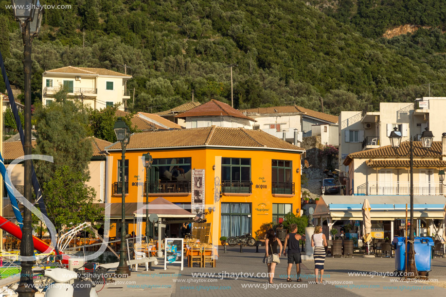 VASILIKI, LEFKADA, GREECE JULY 16, 2014: View at sunset on the promenade in Vasiliki, Lefkada, Ionian Islands, Greece