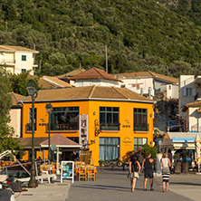 VASILIKI, LEFKADA, GREECE JULY 16, 2014: View at sunset on the promenade in Vasiliki, Lefkada, Ionian Islands, Greece