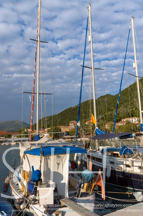 VASILIKI, LEFKADA, GREECE JULY 16, 2014: View at sunset on the promenade in Vasiliki, Lefkada, Ionian Islands, Greece