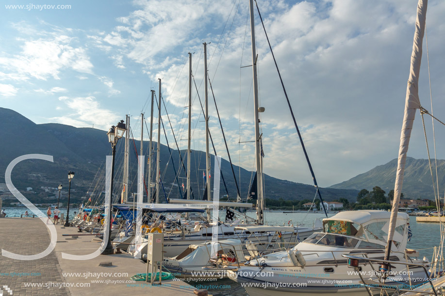 VASILIKI, LEFKADA, GREECE JULY 16, 2014: View at sunset on the promenade in Vasiliki, Lefkada, Ionian Islands, Greece