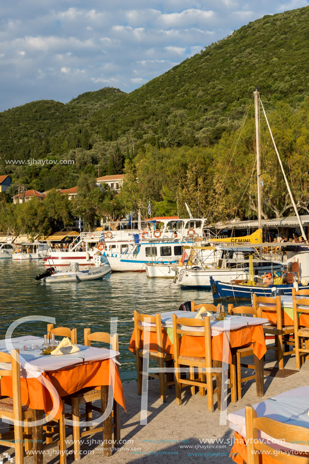 VASILIKI, LEFKADA, GREECE JULY 16, 2014: View at sunset on the promenade in Vasiliki, Lefkada, Ionian Islands, Greece