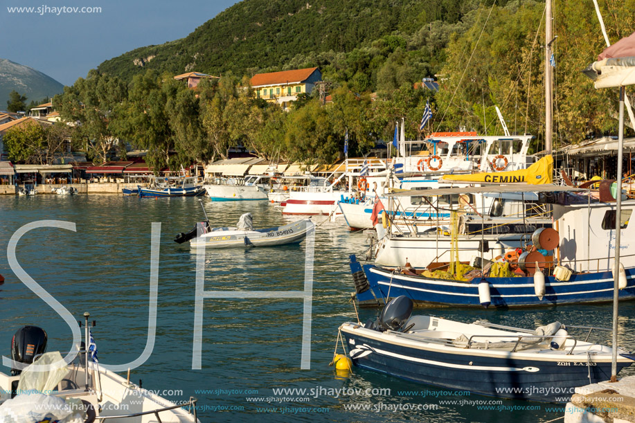 VASILIKI, LEFKADA, GREECE JULY 16, 2014: View at sunset on the promenade in Vasiliki, Lefkada, Ionian Islands, Greece