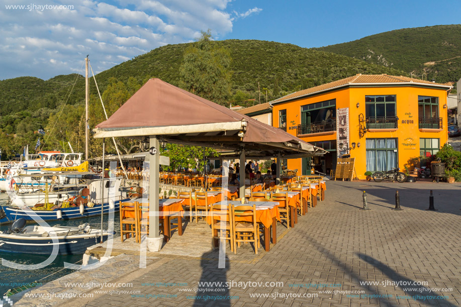 VASILIKI, LEFKADA, GREECE JULY 16, 2014: View at sunset on the promenade in Vasiliki, Lefkada, Ionian Islands, Greece