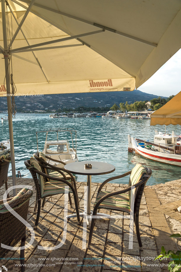 VASILIKI, LEFKADA, GREECE JULY 16, 2014: View at sunset on the promenade in Vasiliki, Lefkada, Ionian Islands, Greece