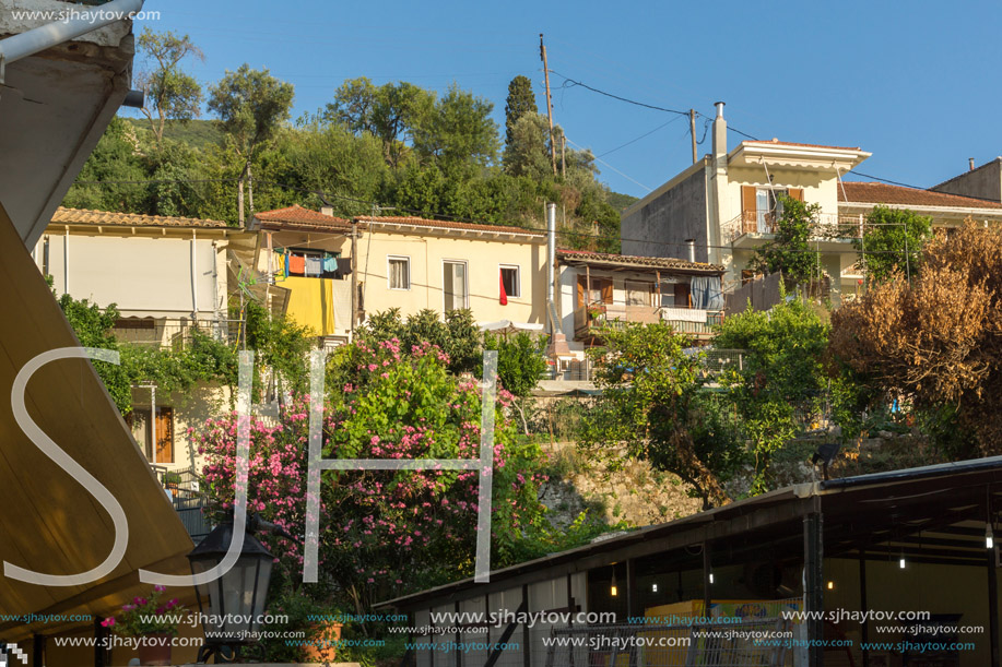 VASILIKI, LEFKADA, GREECE JULY 16, 2014: View at sunset on the promenade in Vasiliki, Lefkada, Ionian Islands, Greece