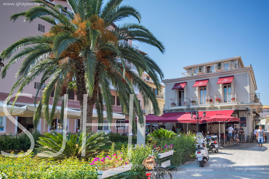 LEFKADA TOWN, GREECE JULY 17, 2014: Central street in Lefkada town, Ionian Islands, Greece