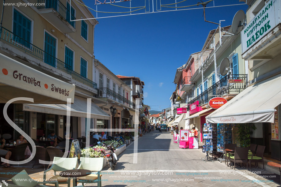 LEFKADA TOWN, GREECE JULY 17, 2014: Central street in Lefkada town, Ionian Islands, Greece