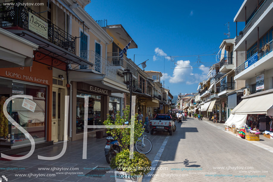 LEFKADA TOWN, GREECE JULY 17, 2014: Central street in Lefkada town, Ionian Islands, Greece